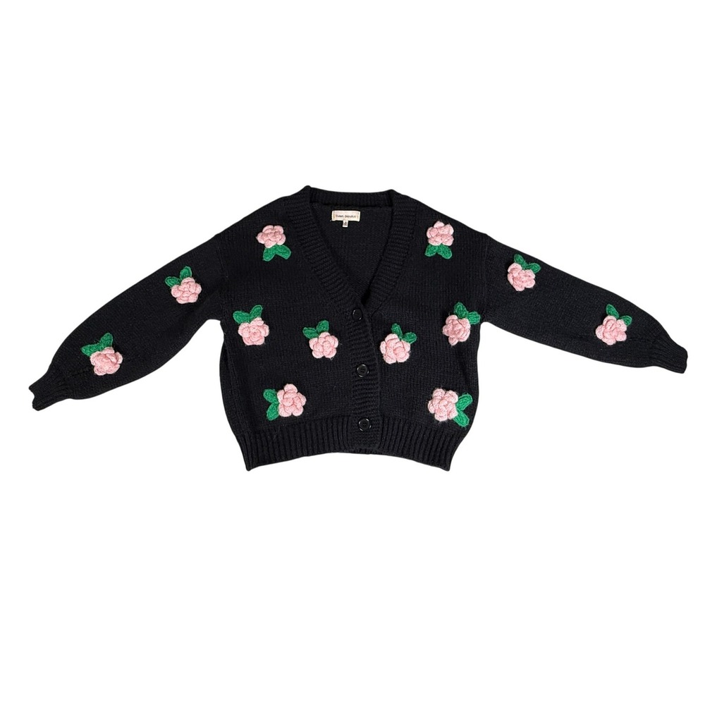 Womens Cardigan Black Size S Applique Crochet 3D Pink Rose Grannycore Cottagecor - Picture 9 of 14